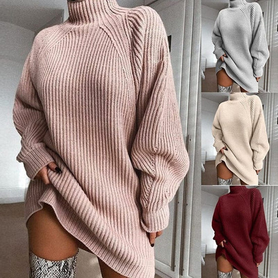 Solid Turtleneck Long Sweater Winter Warm Women Sweater Dres | Vibra Cloth