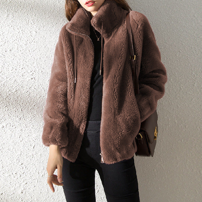 Double Faced Fleece Warm High Neck Sweater Women Cardigan | Vibra Cloth