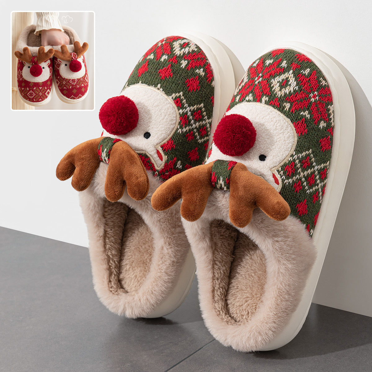 Cute Christmas Elk Plush Slippers Winter Ins Fashion Non-sli | Vibra Cloth