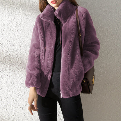 Double Faced Fleece Warm High Neck Sweater Women Cardigan | Vibra Cloth