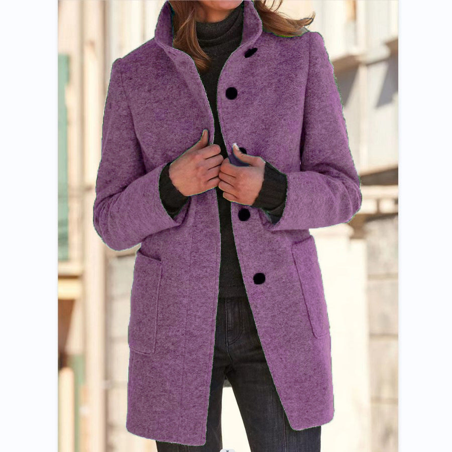 Fashion Stand Collar Woolen Coat With Pockets Fall Winter Ca | Vibra Cloth
