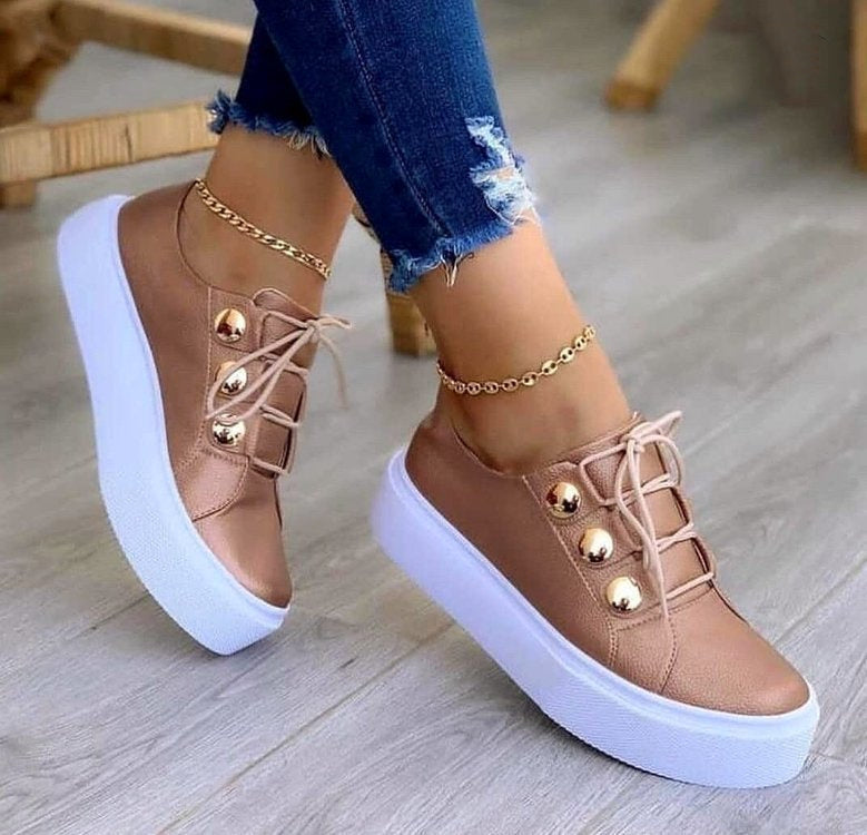 Lace-up Flats Sneakers Women Rivet Casual Shoes | Vibra Cloth