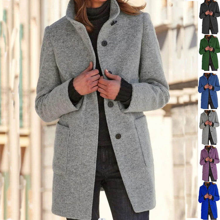 Fashion Stand Collar Woolen Coat With Pockets Fall Winter Ca | Vibra Cloth