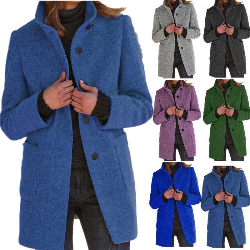 Fashion Stand Collar Woolen Coat With Pockets Fall Winter Ca | Vibra Cloth